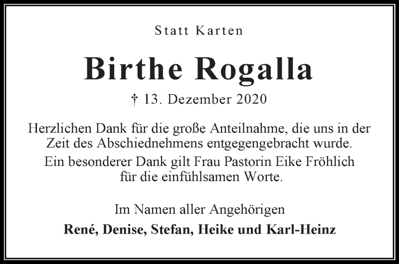  Traueranzeige für Birthe Rogalla vom 13.01.2021 aus WESER-KURIER