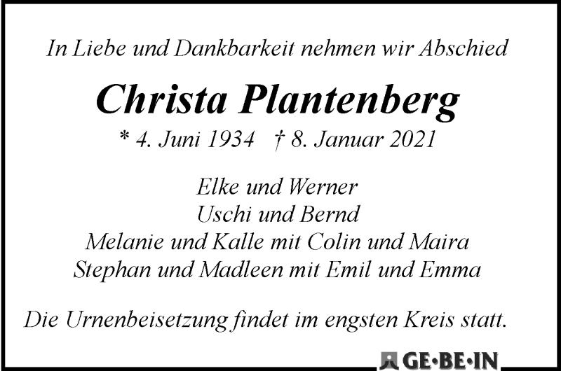  Traueranzeige für Christa Plantenberg vom 16.01.2021 aus WESER-KURIER