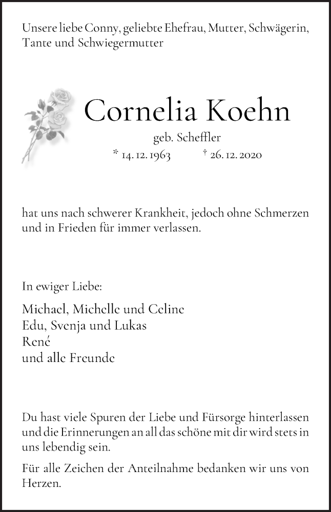  Traueranzeige für Cornelia Koehn vom 09.01.2021 aus WESER-KURIER