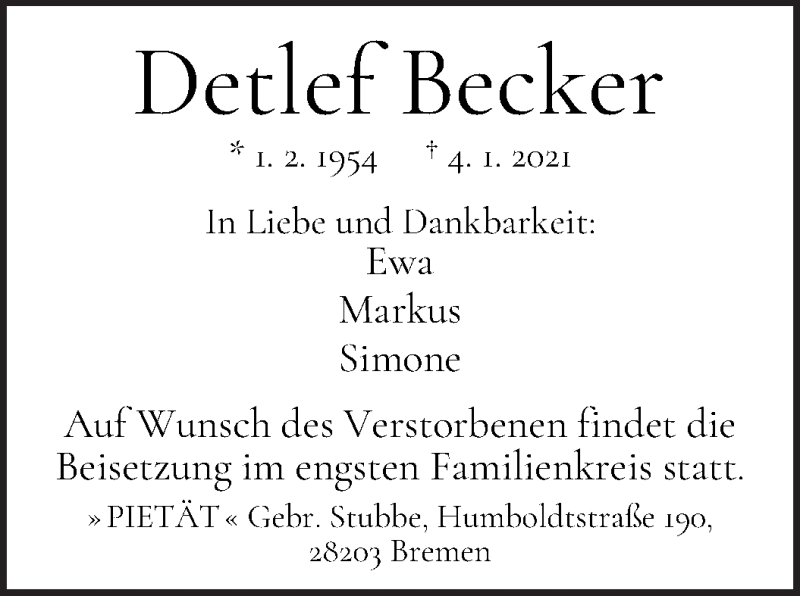 Traueranzeige von Detlef Becker von WESER-KURIER