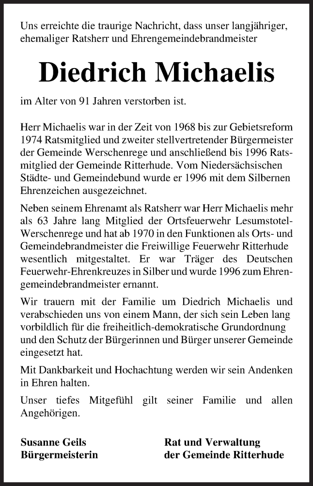  Traueranzeige für Diedrich Michaelis vom 09.01.2021 aus Osterholzer Kreisblatt