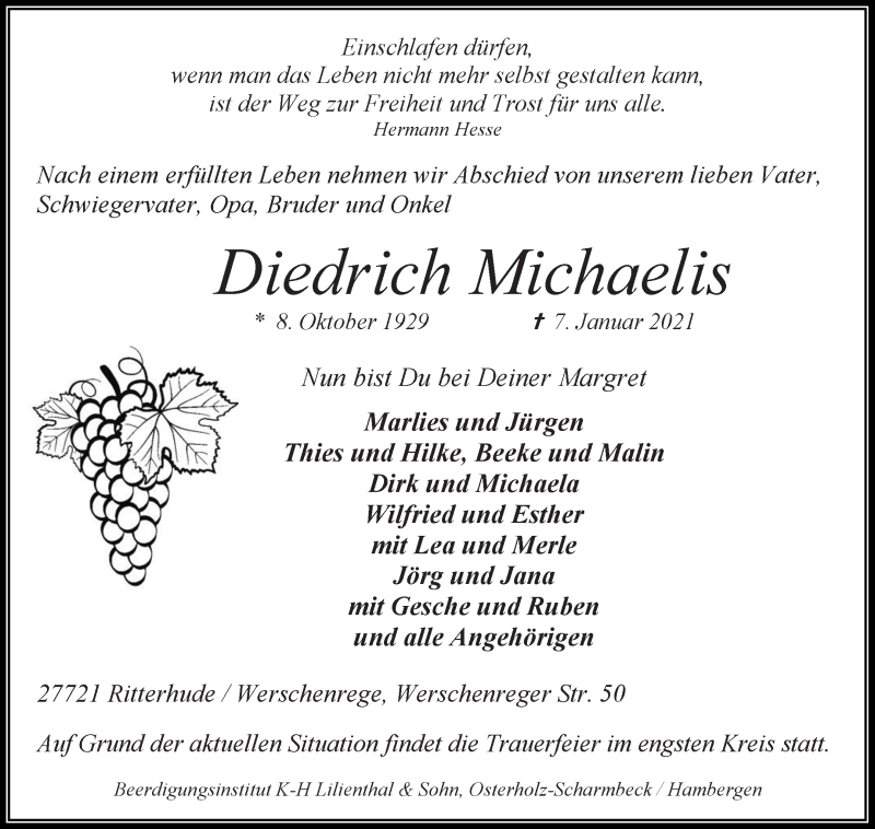  Traueranzeige für Diedrich Michaelis vom 09.01.2021 aus Osterholzer Kreisblatt
