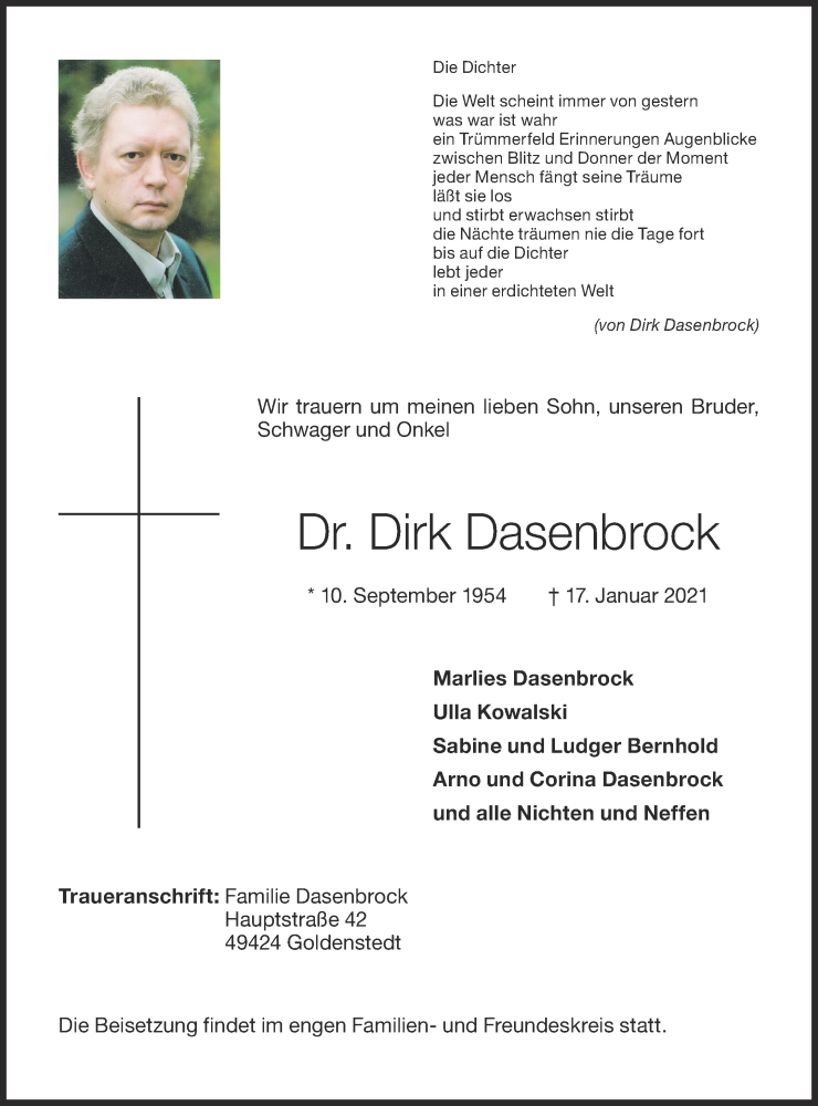  Traueranzeige für Dr. Dirk Dasenbrock vom 22.01.2021 aus WESER-KURIER