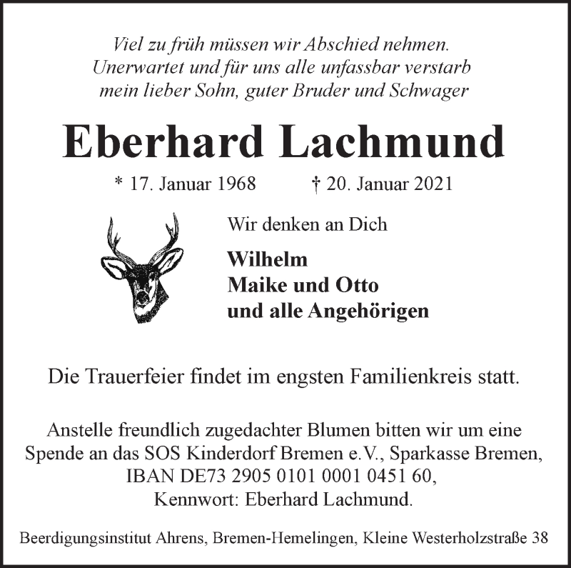  Traueranzeige für Eberhard Lachmund vom 27.01.2021 aus WESER-KURIER