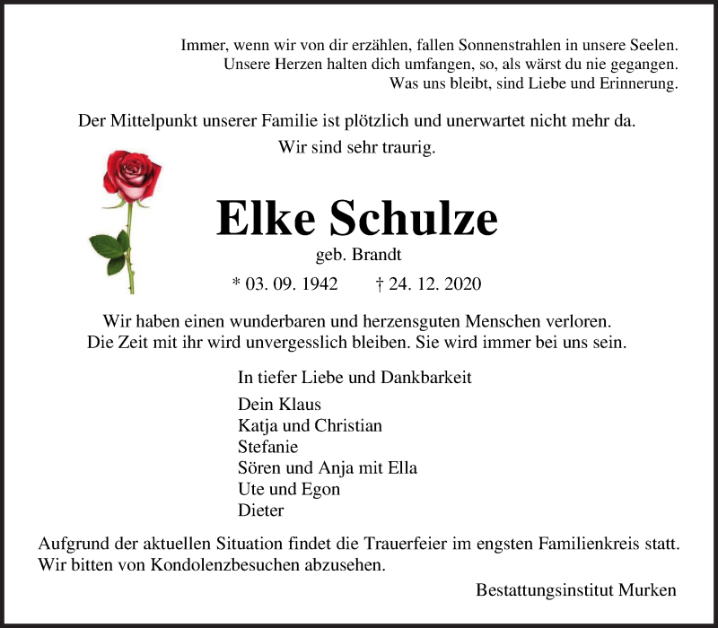  Traueranzeige für Elke Schulze vom 09.01.2021 aus WESER-KURIER