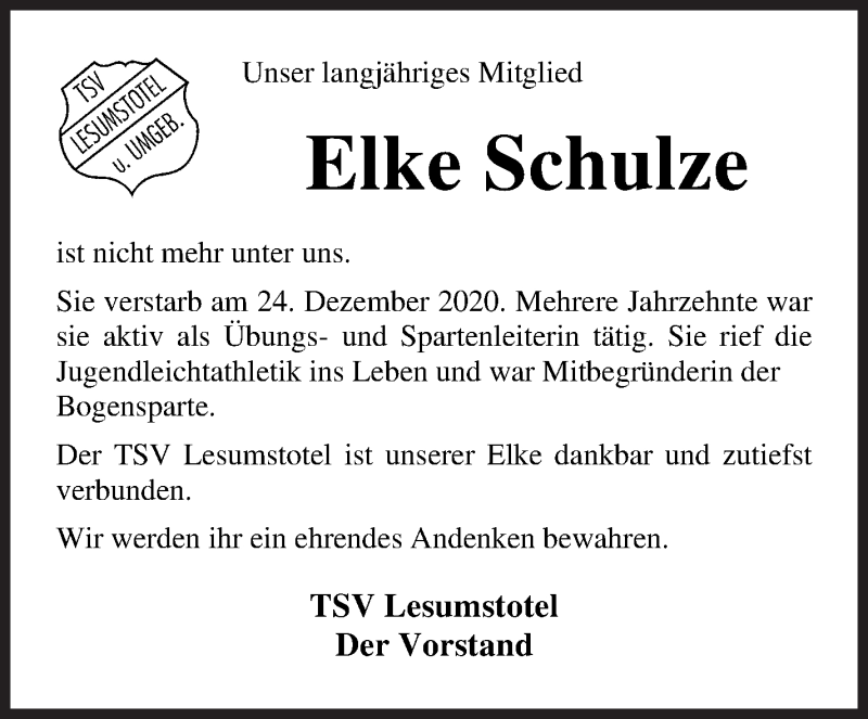  Traueranzeige für Elke Schulze vom 09.01.2021 aus Osterholzer Kreisblatt