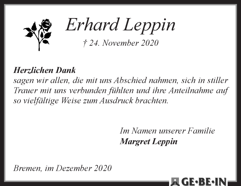  Traueranzeige für Erhard Leppin vom 24.12.2020 aus WESER-KURIER