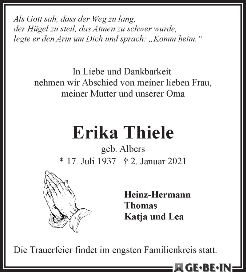 Traueranzeige von Erika Thiele von WESER-KURIER