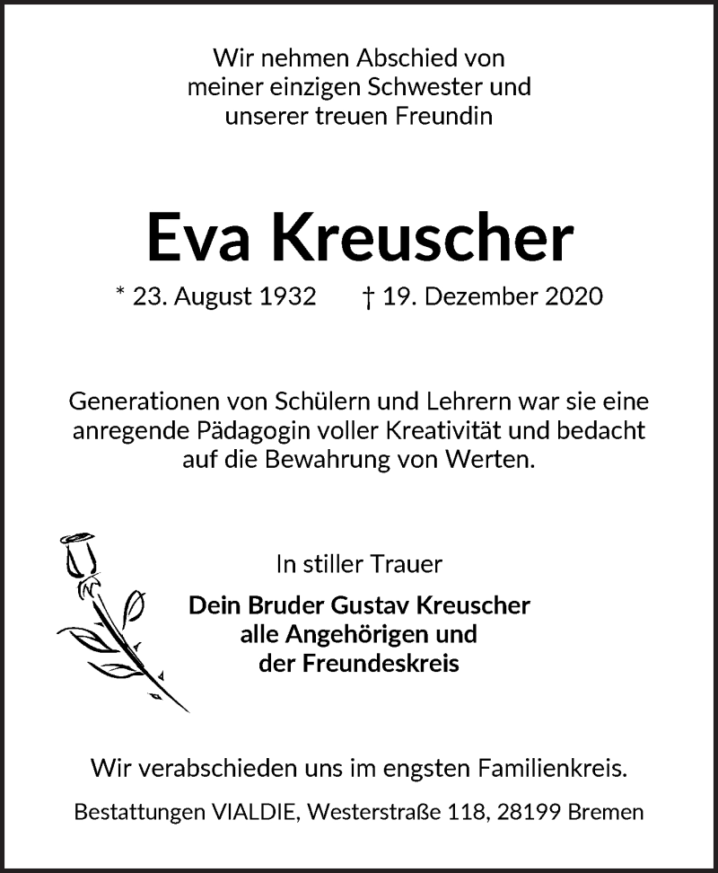 Traueranzeige von Eva Kreuscher von WESER-KURIER