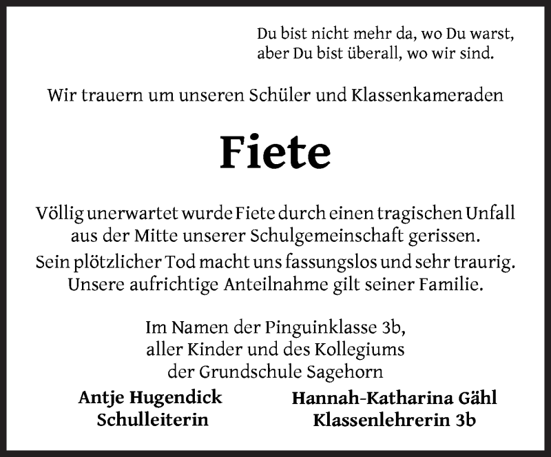  Traueranzeige für Fiete Neumann vom 23.01.2021 aus Achimer Kurier/Verdener Nachrichten