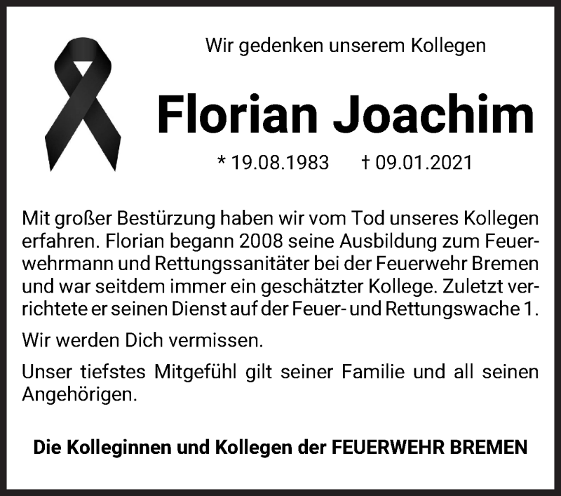  Traueranzeige für Florian Joachim vom 16.01.2021 aus WESER-KURIER