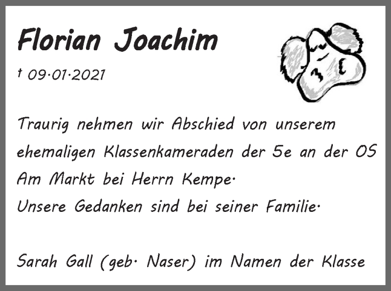  Traueranzeige für Florian Joachim vom 16.01.2021 aus WESER-KURIER