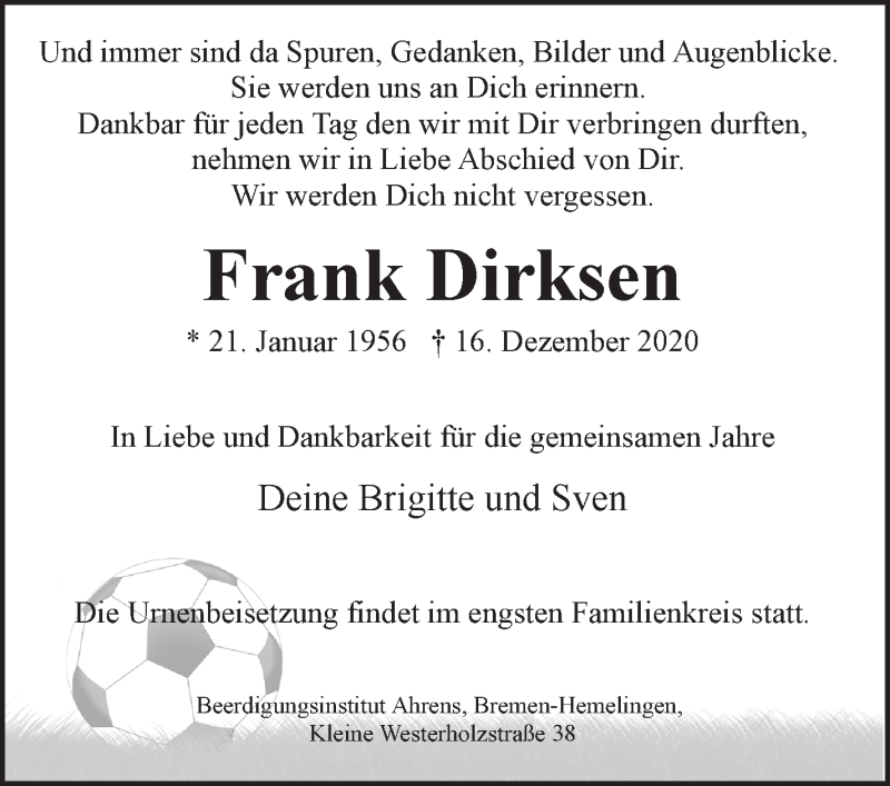  Traueranzeige für Frank Dirksen vom 24.12.2020 aus WESER-KURIER