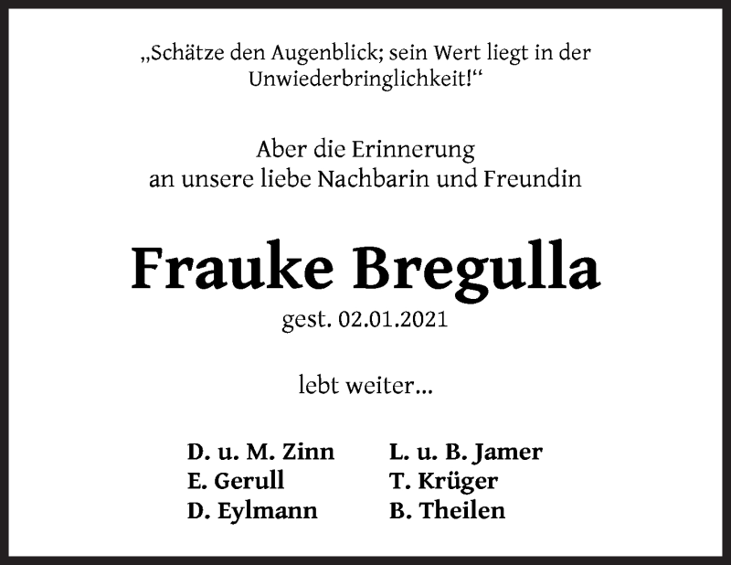 Traueranzeige von Frauke Bregulla von WESER-KURIER