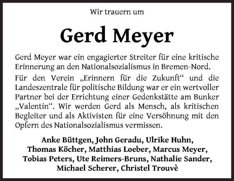  Traueranzeige für Gerd Meyer vom 09.01.2021 aus WESER-KURIER