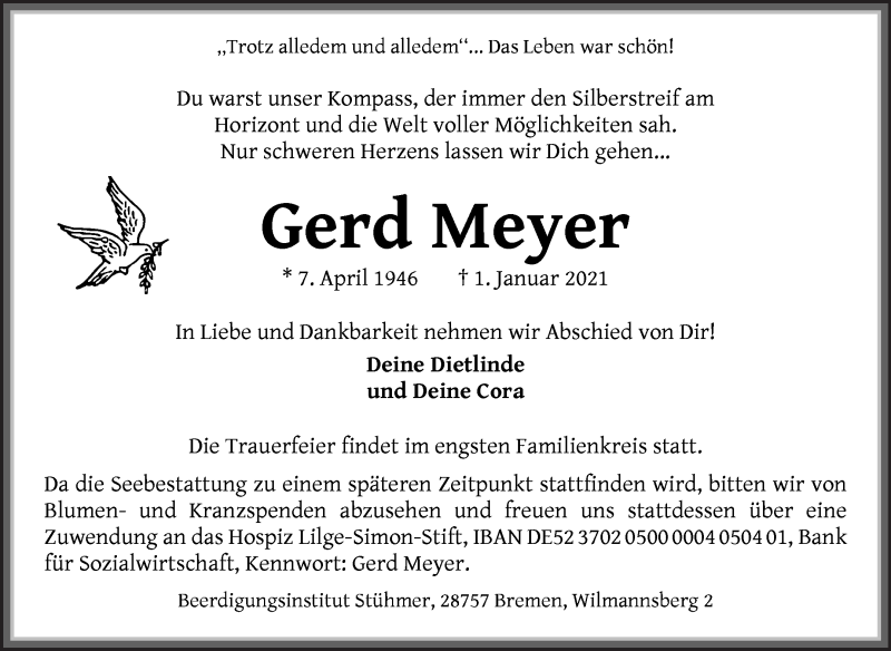  Traueranzeige für Gerd Meyer vom 08.01.2021 aus Die Norddeutsche