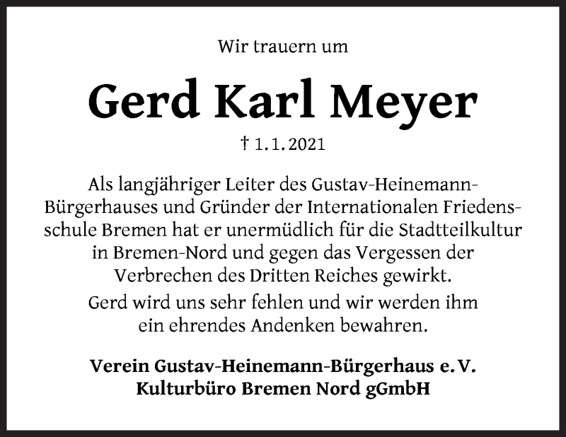 Traueranzeige für Gerd Meyer vom 08.01.2021 aus Die Norddeutsche