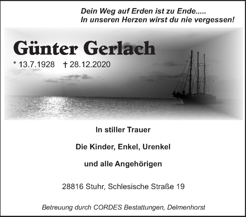  Traueranzeige für Günter Gerlach vom 05.01.2021 aus WESER-KURIER