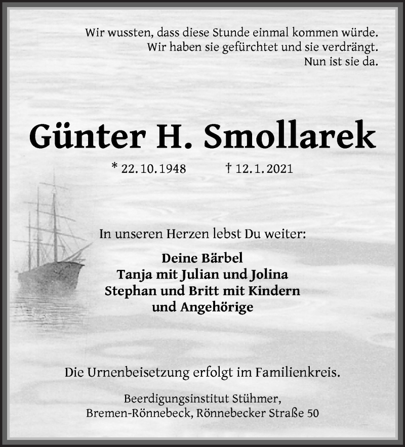  Traueranzeige für Günter H. Smollarek vom 16.01.2021 aus Die Norddeutsche