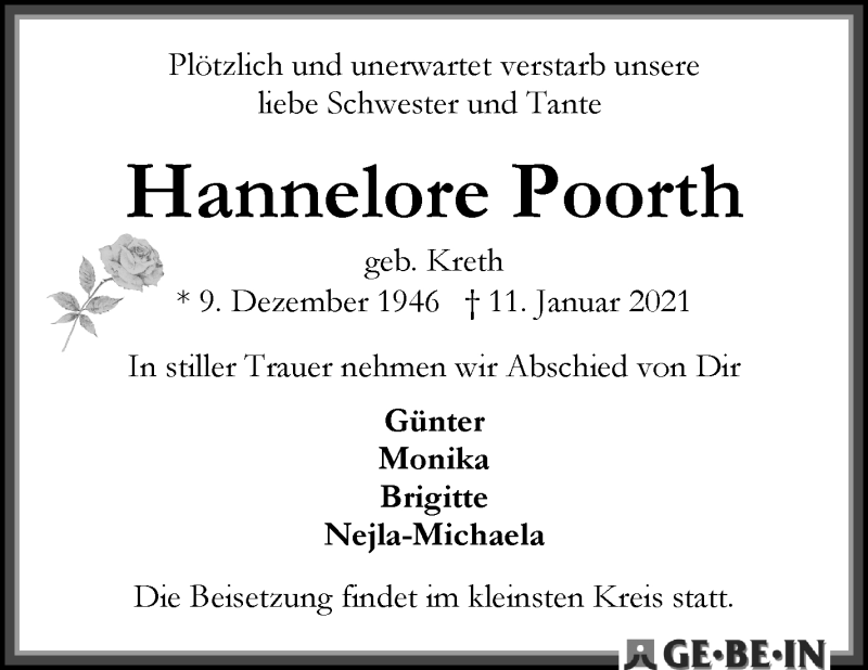  Traueranzeige für Hannelore Poorth vom 16.01.2021 aus WESER-KURIER