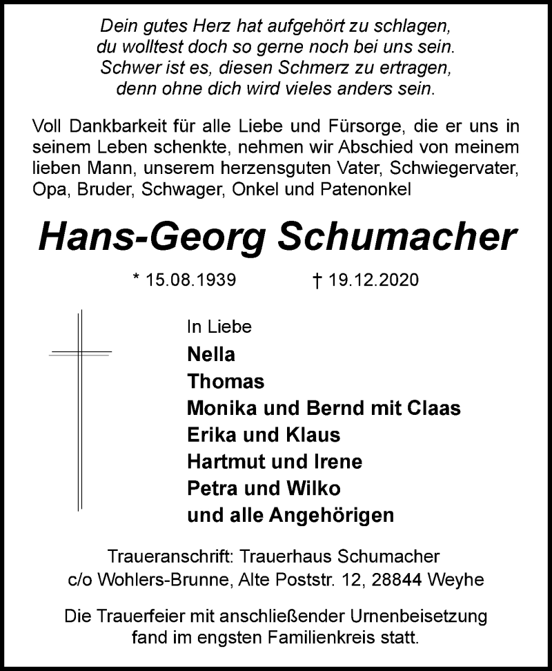 Traueranzeige von Hans-Georg Schumacher von WESER-KURIER