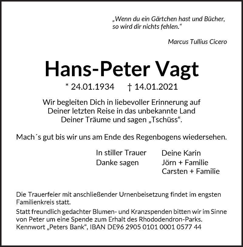  Traueranzeige für Hans-Peter Vagt vom 27.01.2021 aus WESER-KURIER