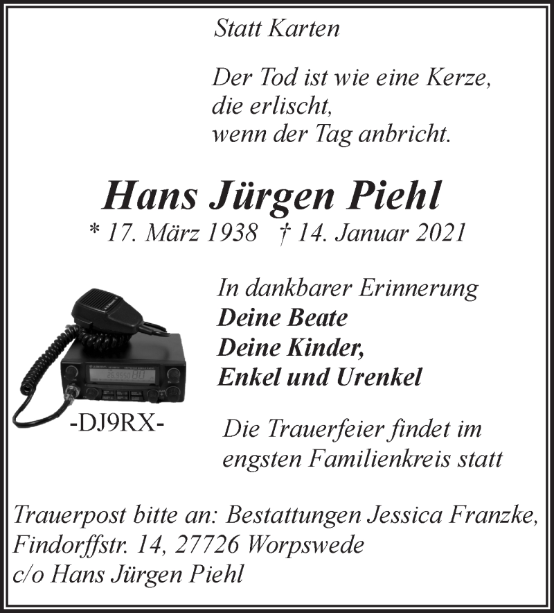  Traueranzeige für Hans Jürgen Piehl vom 16.01.2021 aus Wuemme Zeitung