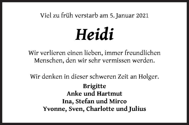  Traueranzeige für Heidi Sauer vom 16.01.2021 aus WESER-KURIER