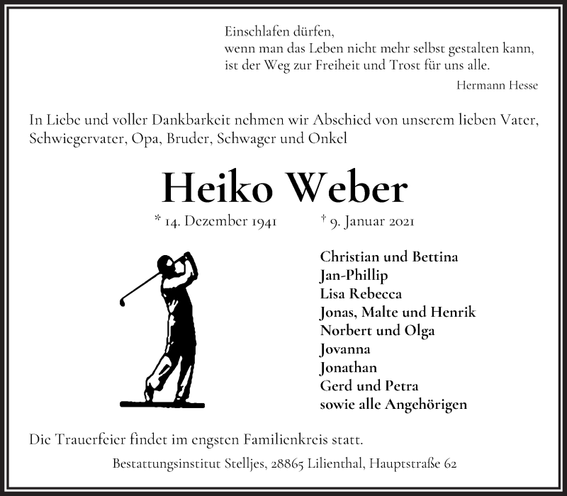  Traueranzeige für Heiko Weber vom 13.01.2021 aus Wuemme Zeitung