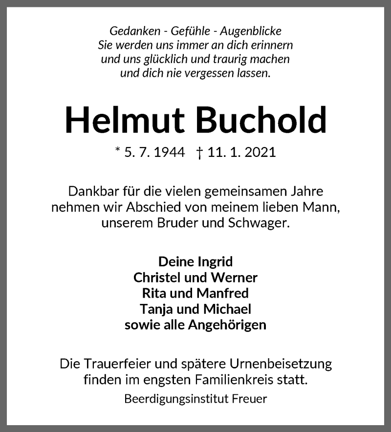 Traueranzeige von Helmut Buchold von WESER-KURIER
