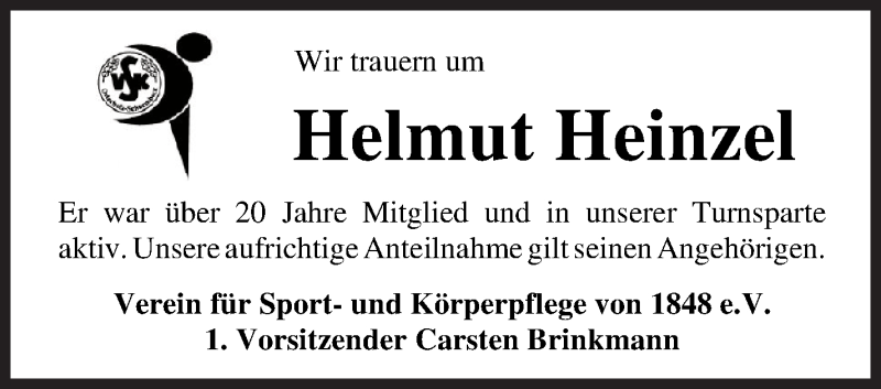 Traueranzeige von Helmut Heinzel von Osterholzer Kreisblatt