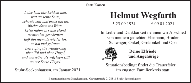 Traueranzeige von Helmut Wegfarth von WESER-KURIER