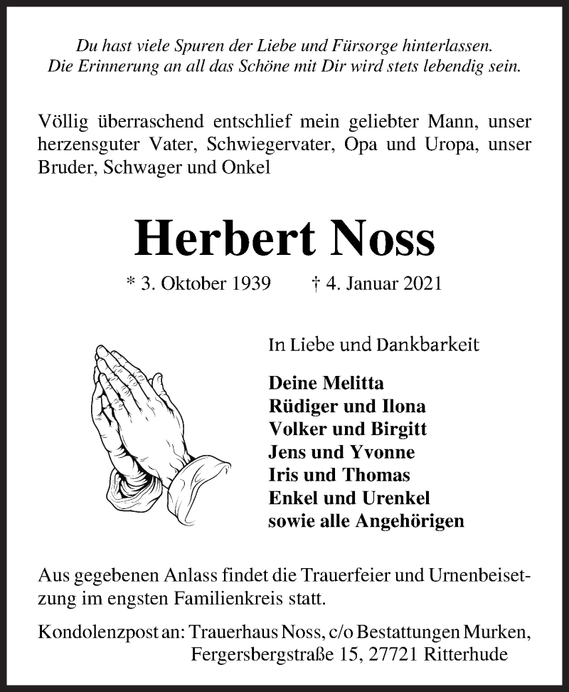  Traueranzeige für Herbert Noss vom 09.01.2021 aus Osterholzer Kreisblatt