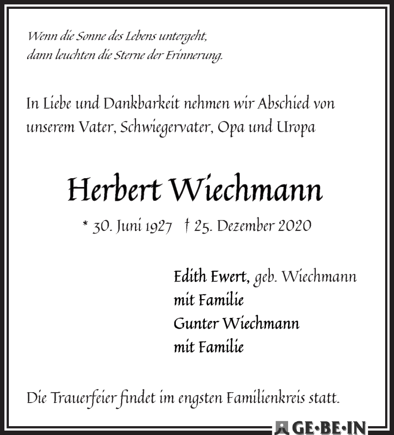 Traueranzeige von Herbert Wiechmann von WESER-KURIER