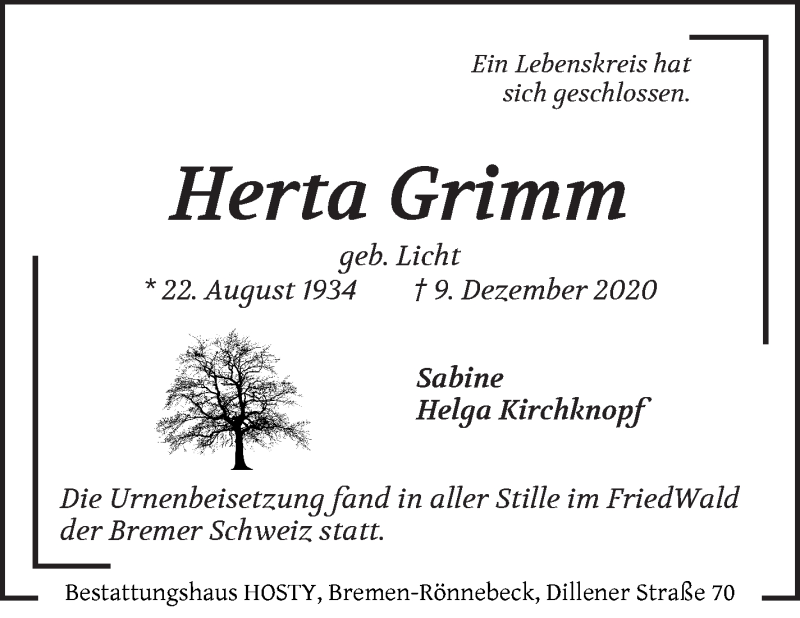  Traueranzeige für Herta Grimm vom 02.01.2021 aus Die Norddeutsche