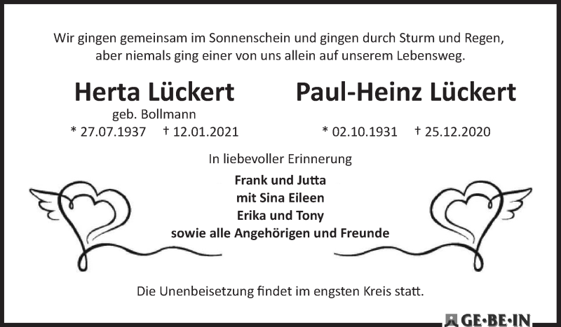 Traueranzeige von Herta und Paul-Heinz Lückert von WESER-KURIER