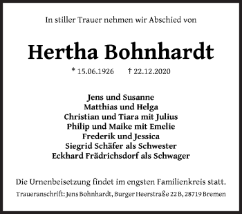 Traueranzeige von Hertha Bohnhardt