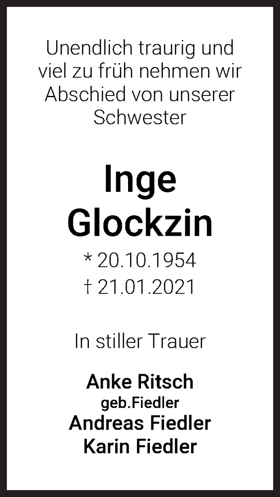  Traueranzeige für Inge Glockzin vom 30.01.2021 aus WESER-KURIER