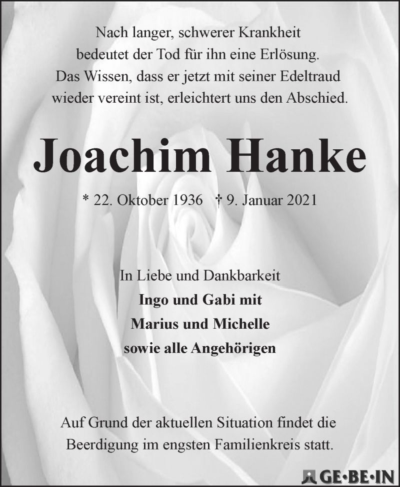  Traueranzeige für Joachim Hanke vom 16.01.2021 aus WESER-KURIER