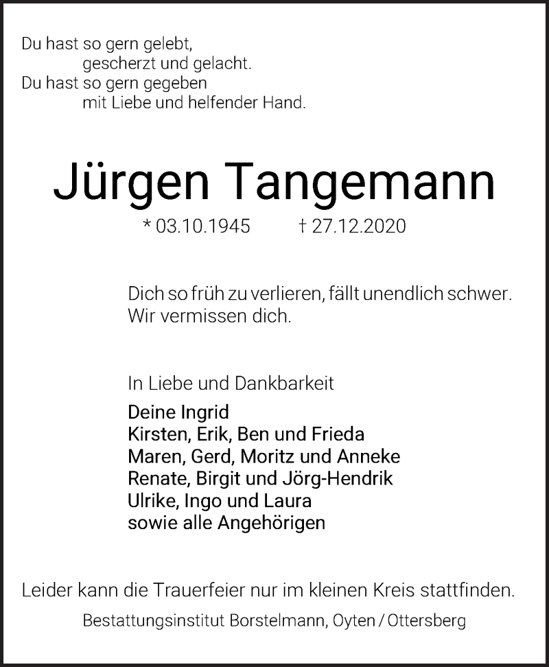  Traueranzeige für Jürgen Tangemann vom 09.01.2021 aus WESER-KURIER