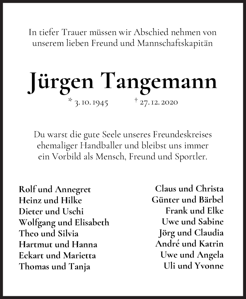  Traueranzeige für Jürgen Tangemann vom 09.01.2021 aus WESER-KURIER