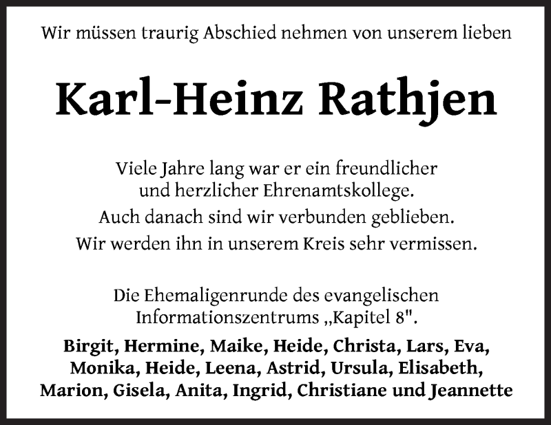  Traueranzeige für Karl-Heinz Rathjen vom 27.01.2021 aus WESER-KURIER