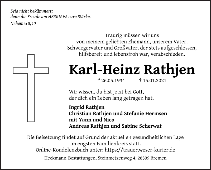  Traueranzeige für Karl-Heinz Rathjen vom 23.01.2021 aus WESER-KURIER