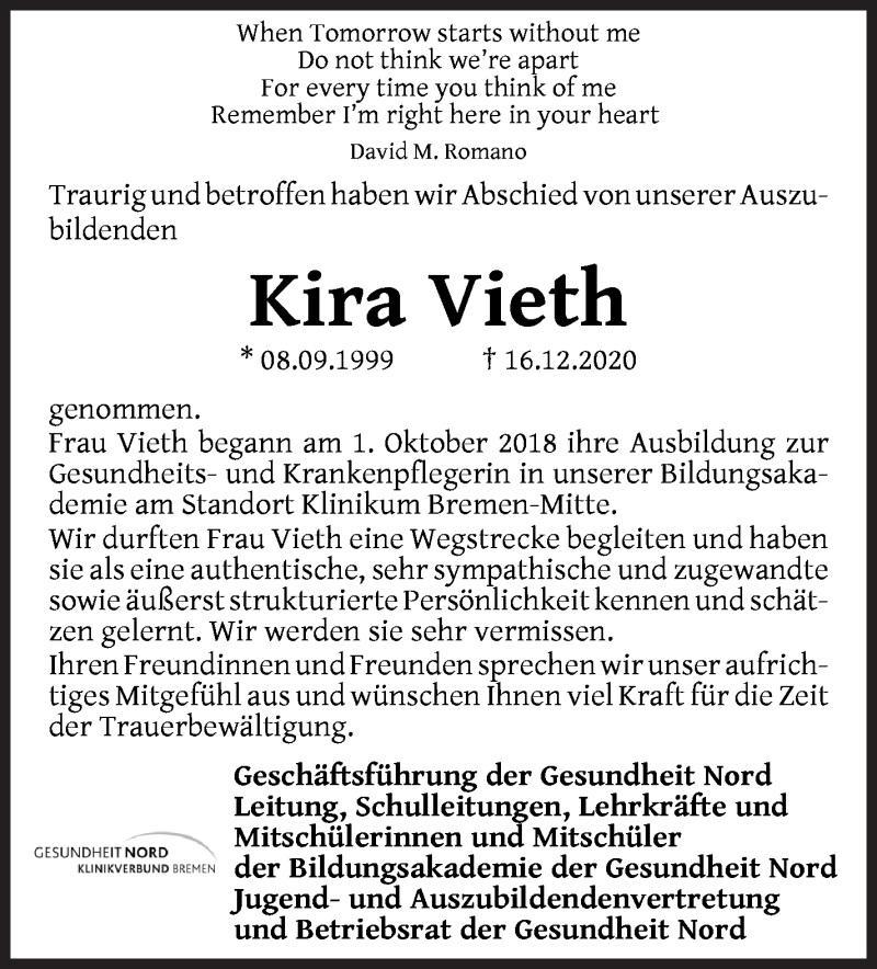 Traueranzeige für Kira Vieth vom 23.01.2021 aus WESER-KURIER