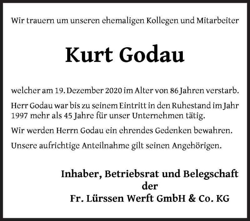 Traueranzeige von Kurt Godau von Die Norddeutsche