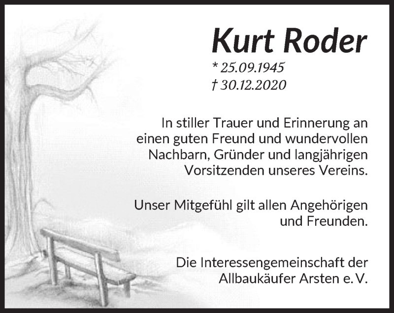  Traueranzeige für Kurt Roder vom 09.01.2021 aus WESER-KURIER