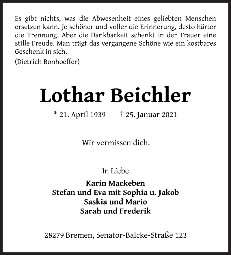Traueranzeige von Lothar Beichler von WESER-KURIER