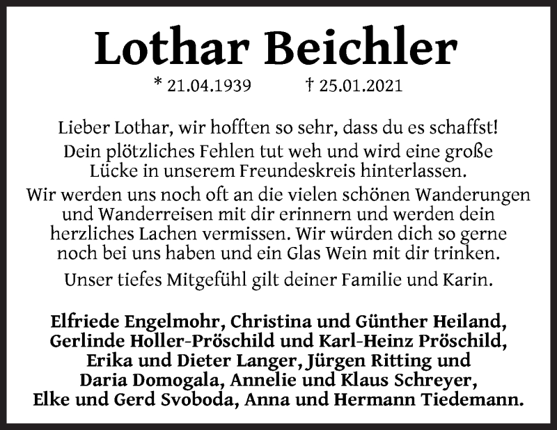 Traueranzeige von Lothar Beichler von WESER-KURIER
