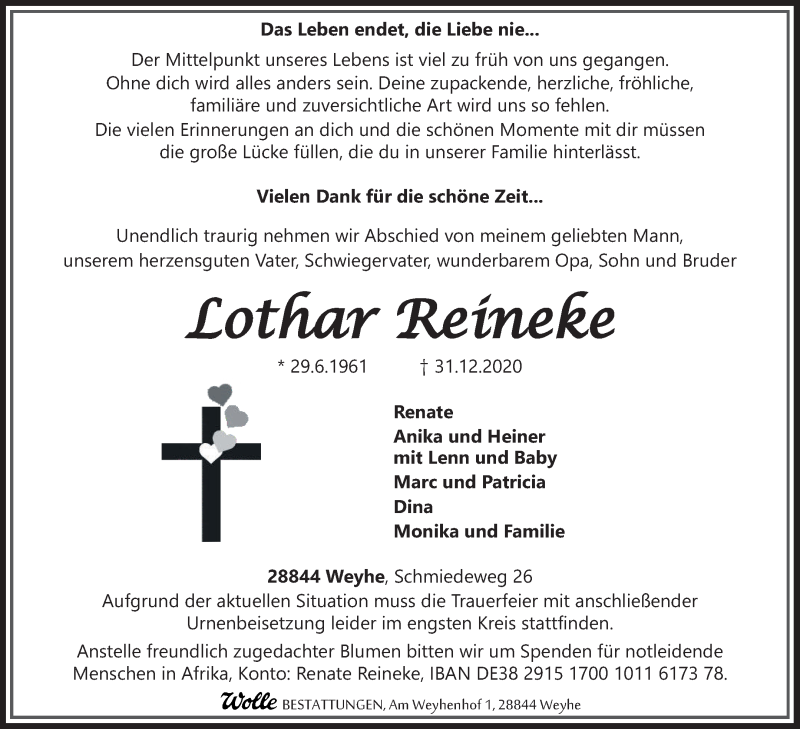  Traueranzeige für Lothar Reineke vom 09.01.2021 aus WESER-KURIER