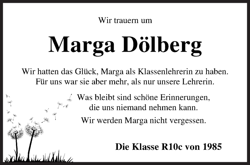  Traueranzeige für Marga Dölberg vom 12.01.2021 aus Wuemme Zeitung